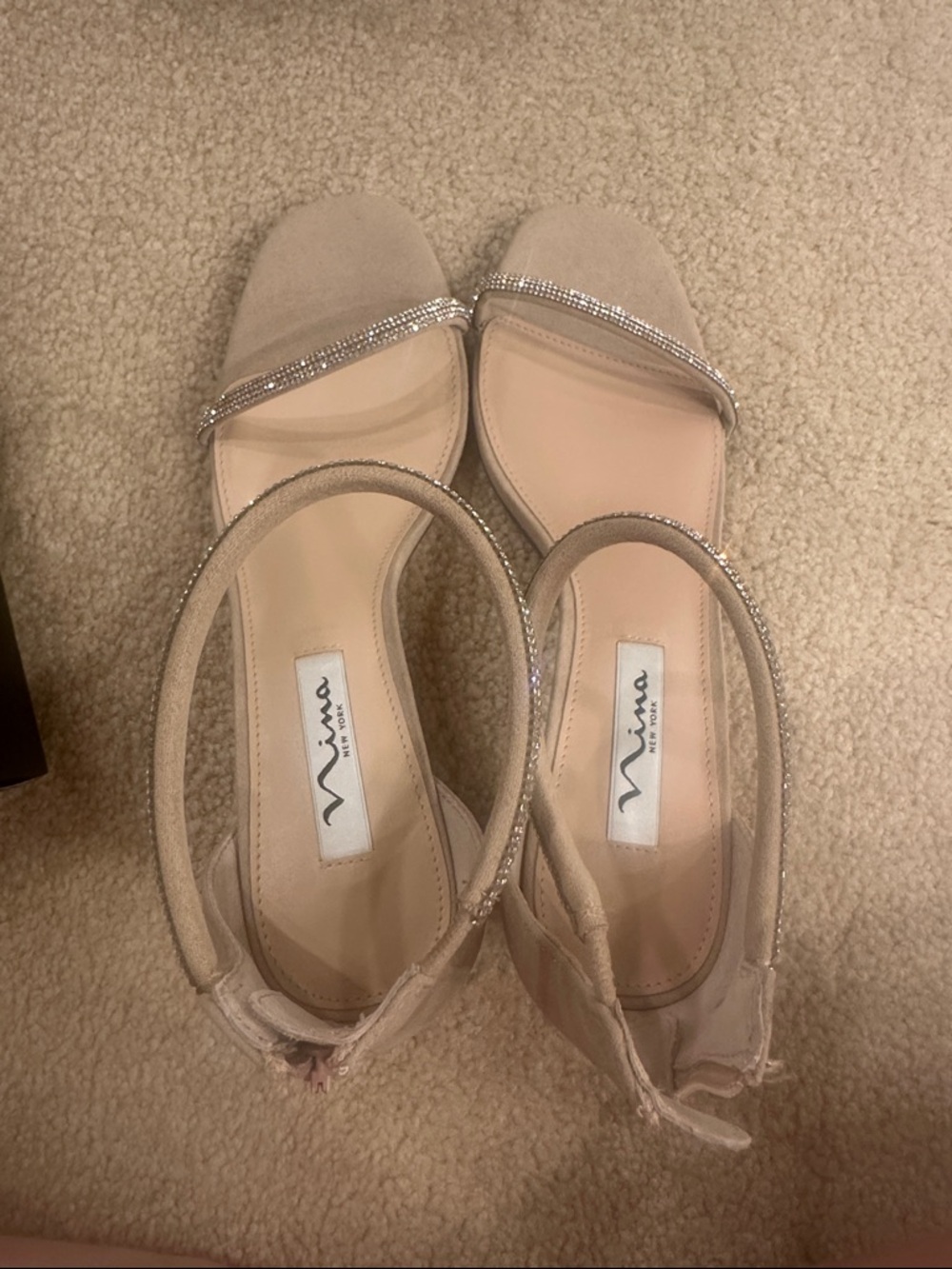Nina Champagne Suede Block-Heel Slingbacks with Rhinestone Accent